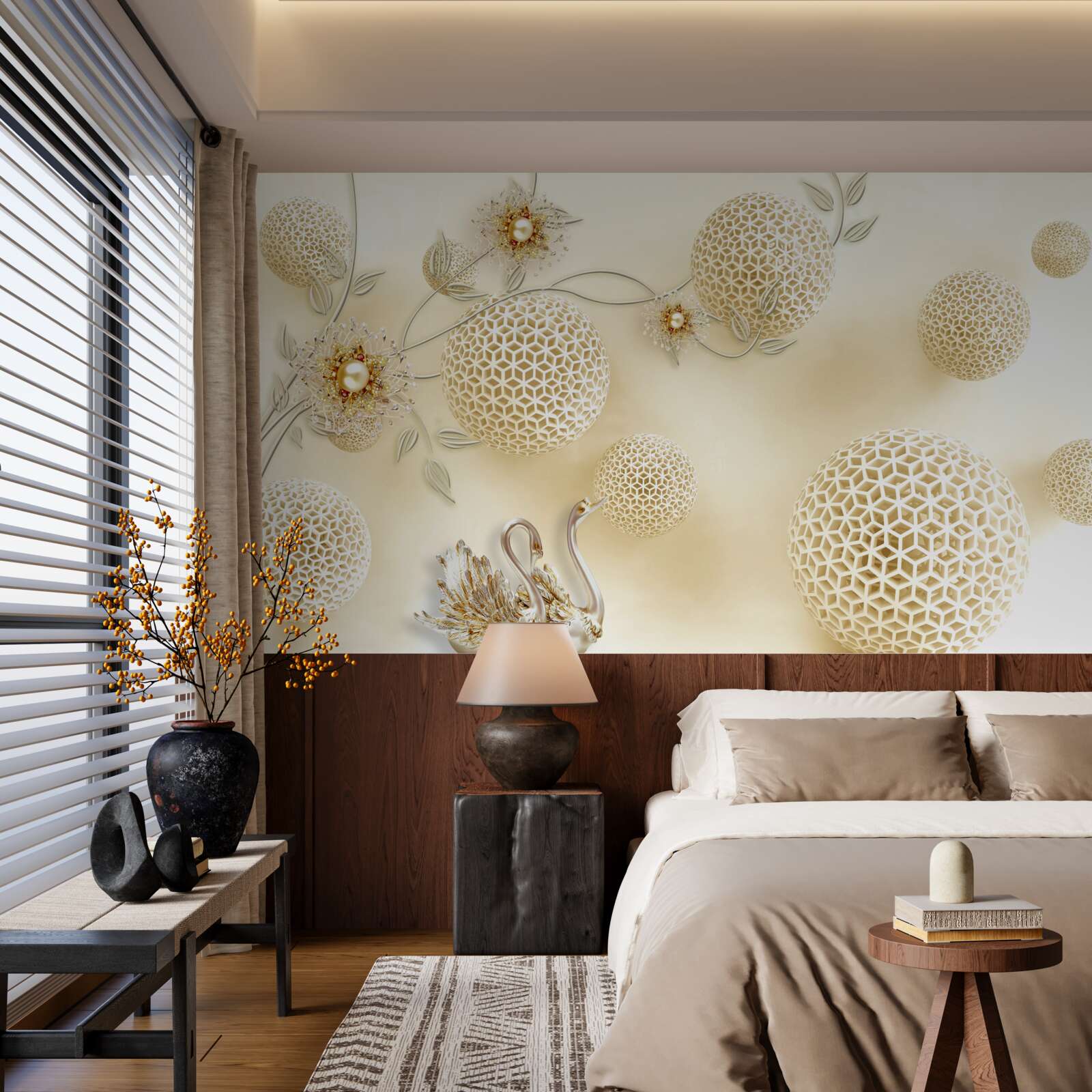 Fotobehang Zwanen glijden in de lucht en bloemen worden dunner als brons