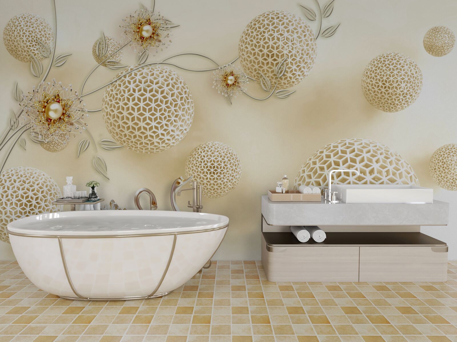 Fotobehang Zwanen glijden in de lucht en bloemen worden dunner als brons