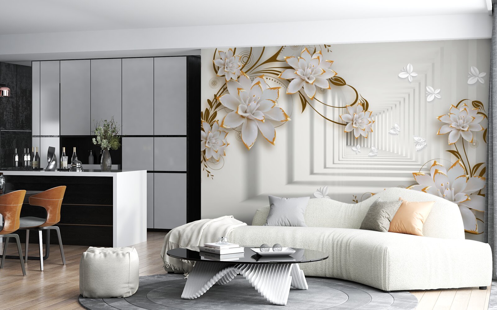 Fotobehang gouden decoraties op witte lotussen in de gang