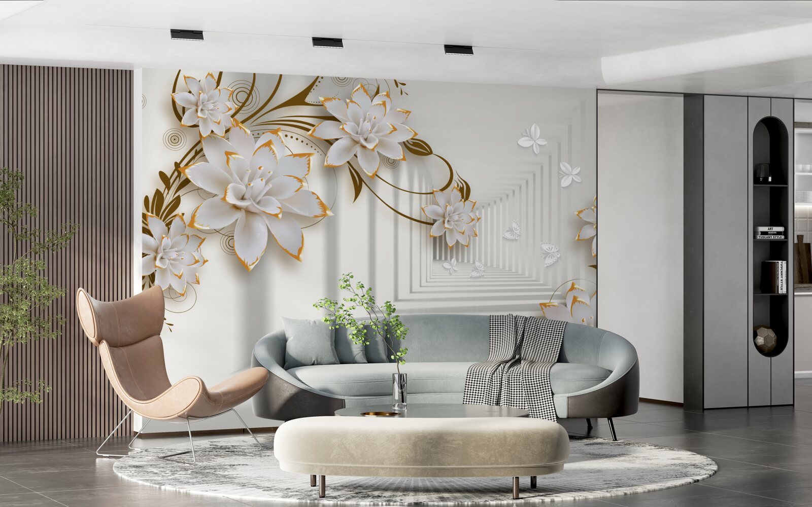 Fotobehang gouden decoraties op witte lotussen in de gang