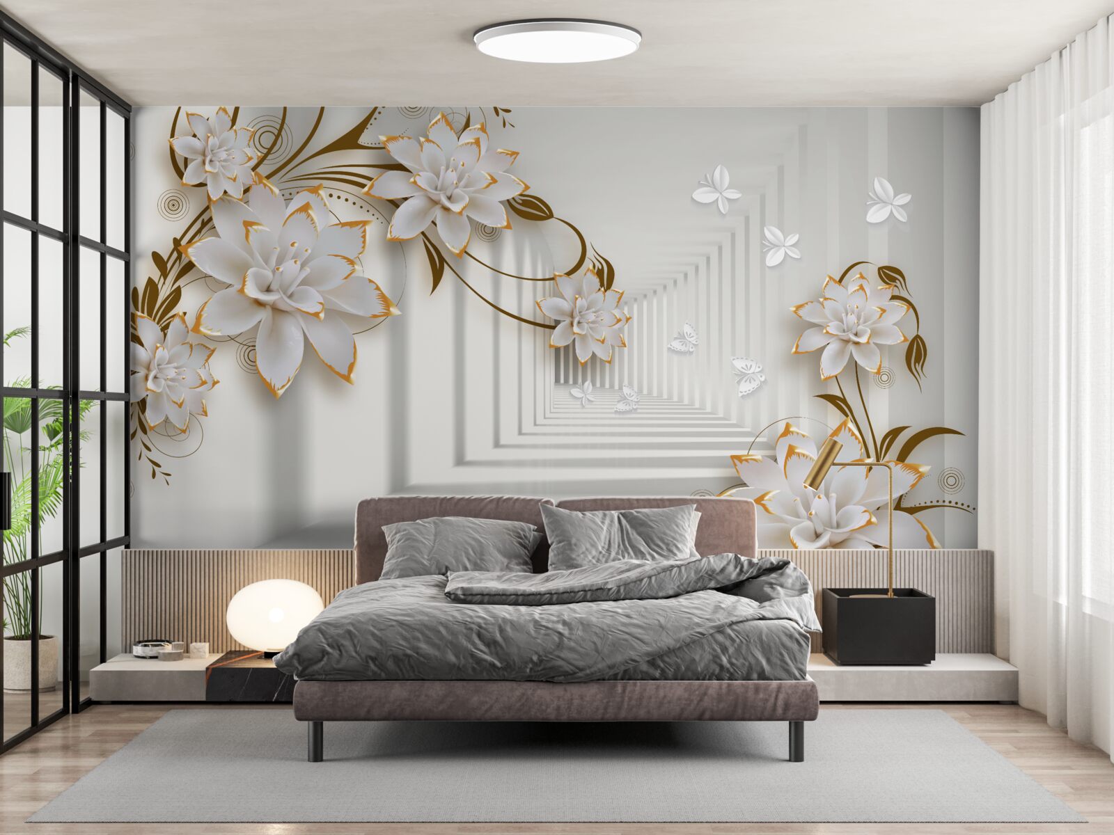 Fotobehang gouden decoraties op witte lotussen in de gang