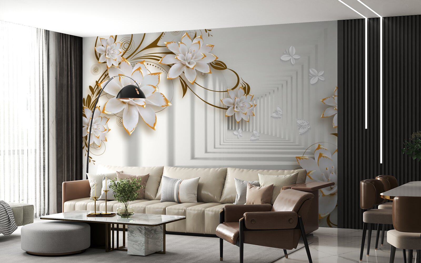 Fotobehang gouden decoraties op witte lotussen in de gang