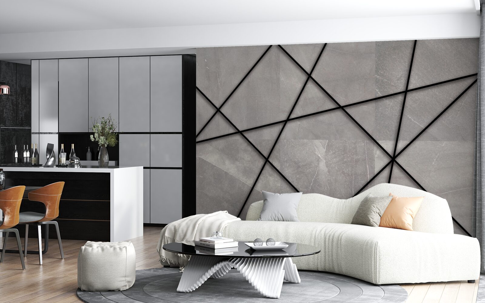 Fotobehang zwarte contouren op een grijze achtergrond