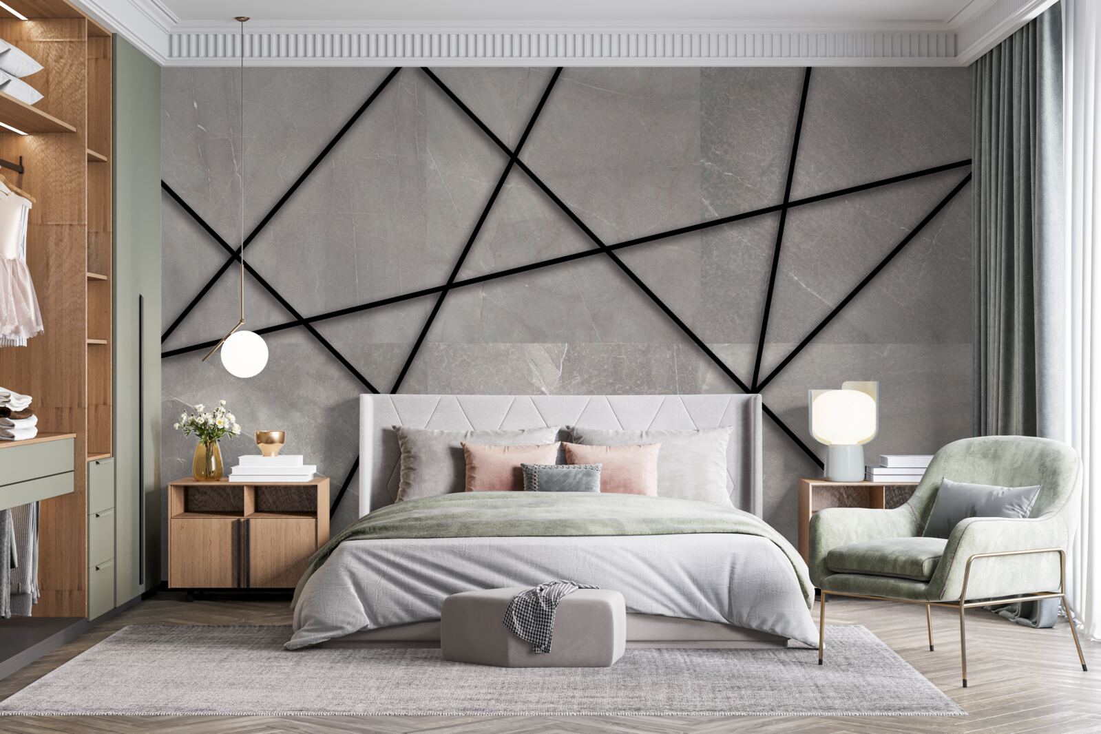 Fotobehang zwarte contouren op een grijze achtergrond