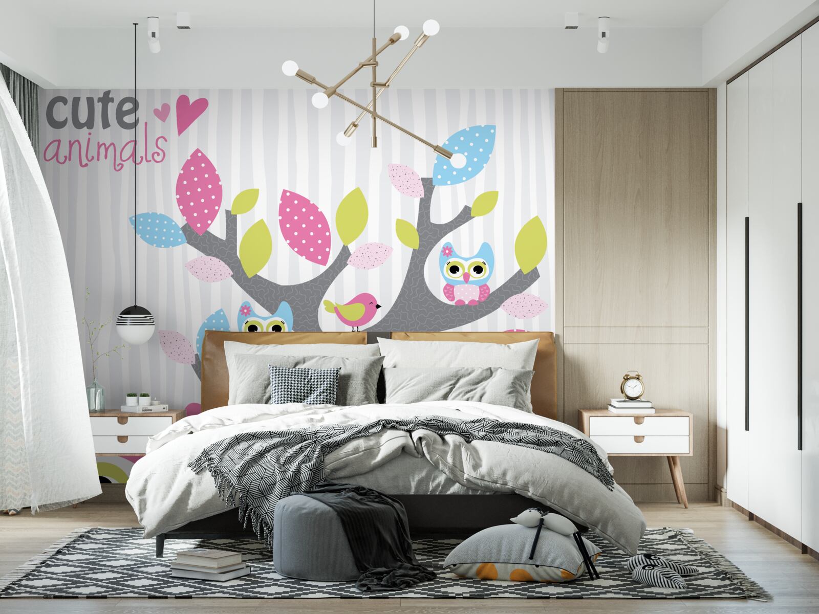 Fotobehang uilskuikens op takken