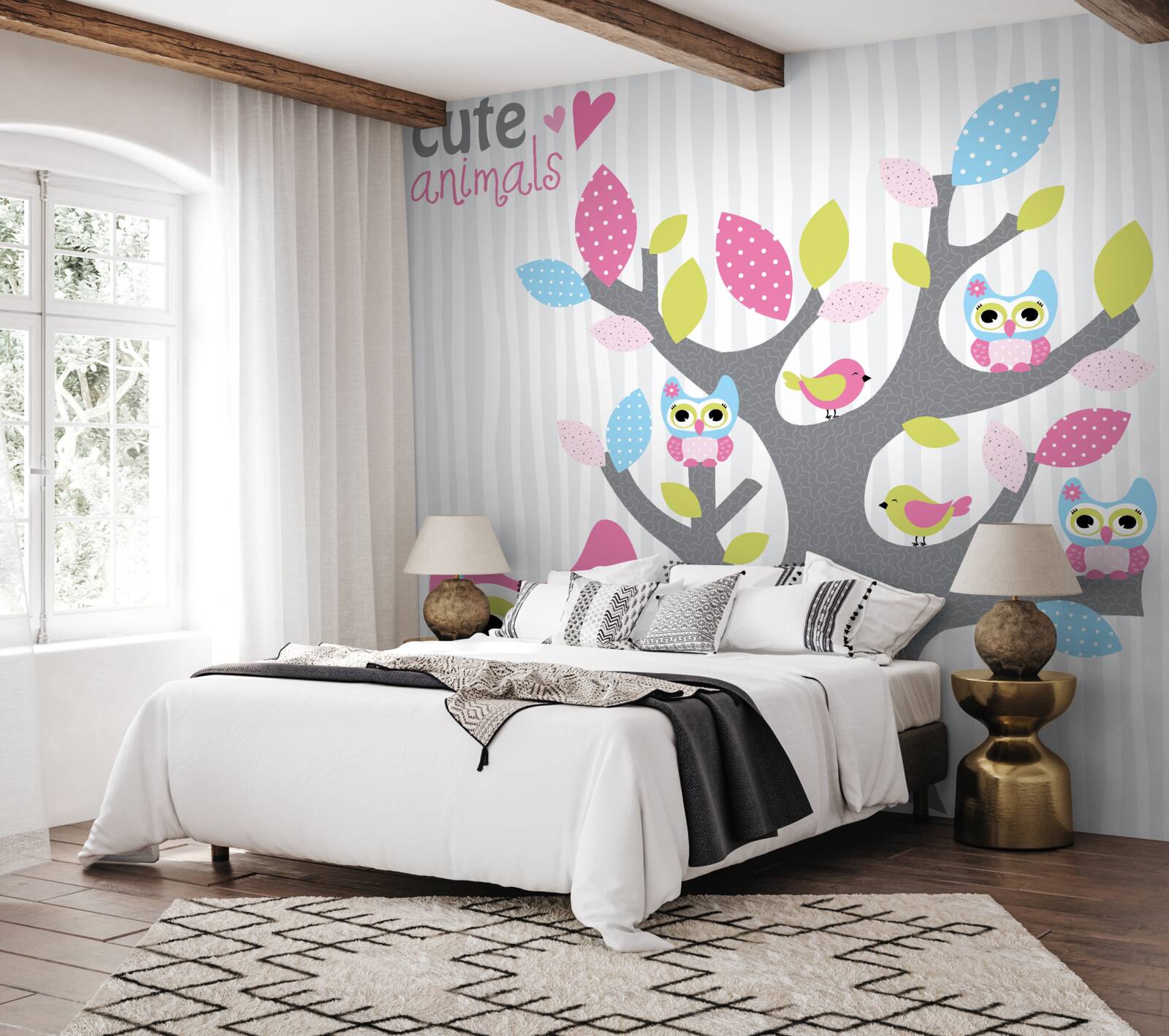 Fotobehang uilskuikens op takken