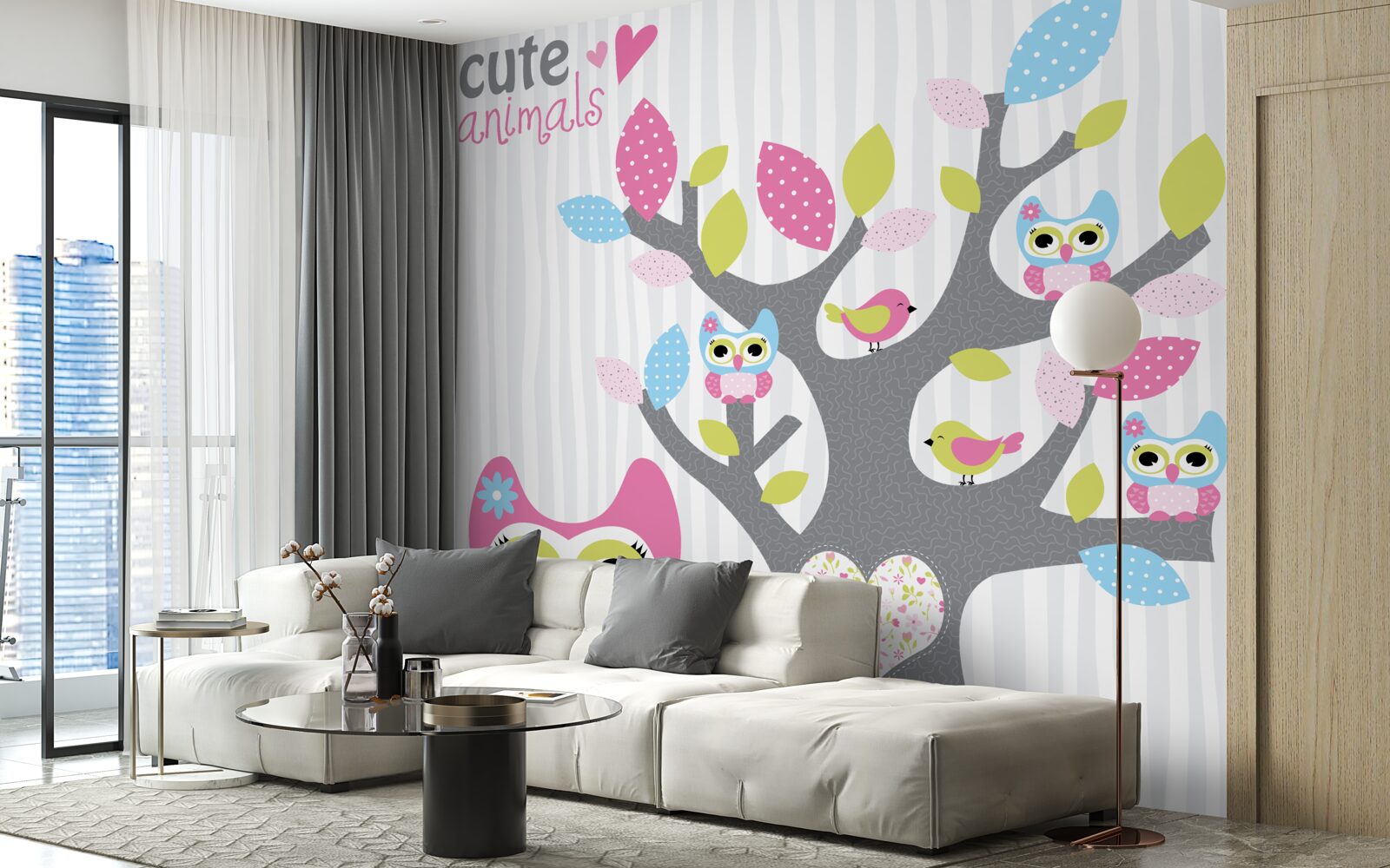 Fotobehang uilskuikens op takken