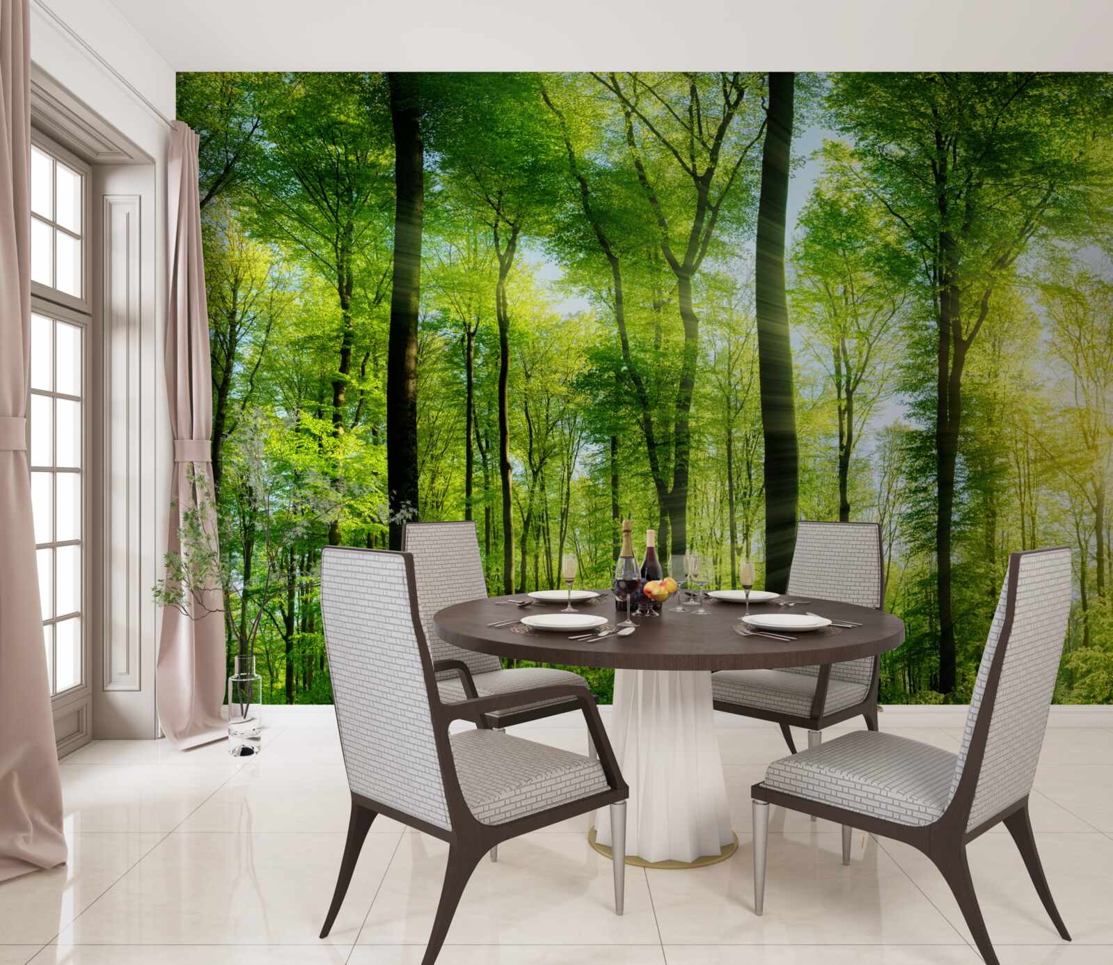 Fotobehang de zonnestralen dringen door de bladeren van de bomen