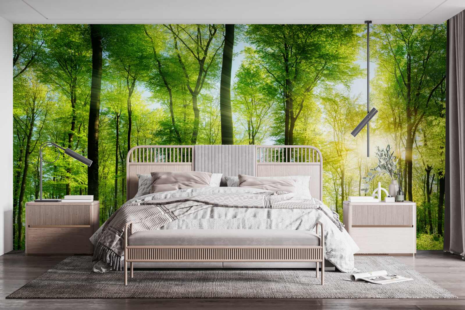 Fotobehang de zonnestralen dringen door de bladeren van de bomen