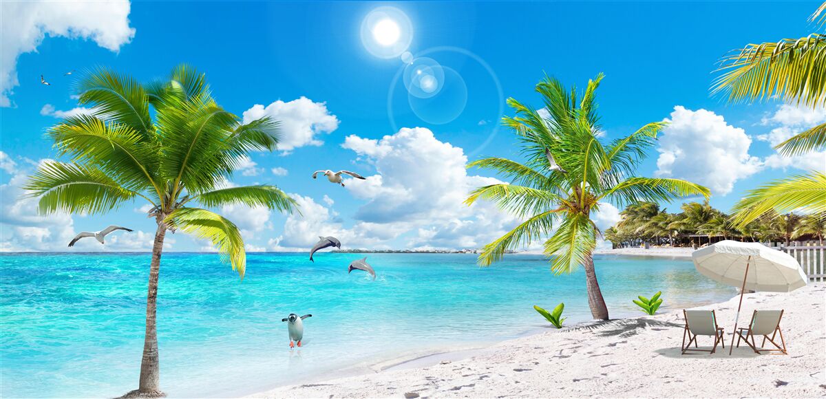 Fotobehang strand met zand en palmbomen