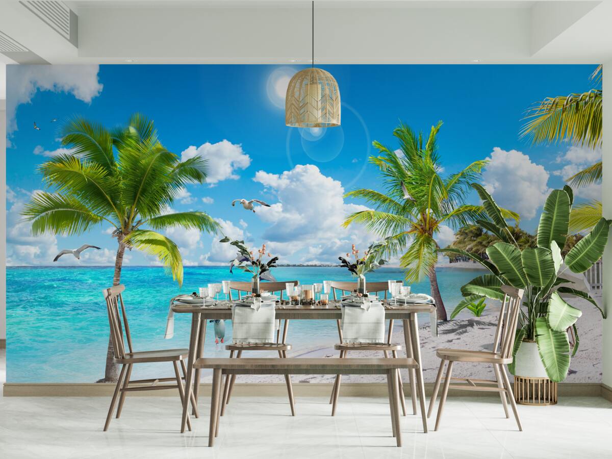 Fotobehang strand met zand en palmbomen