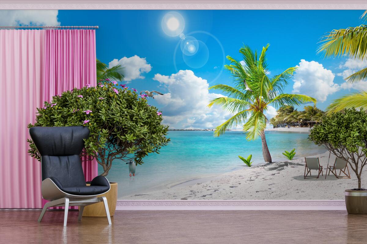 Fotobehang strand met zand en palmbomen