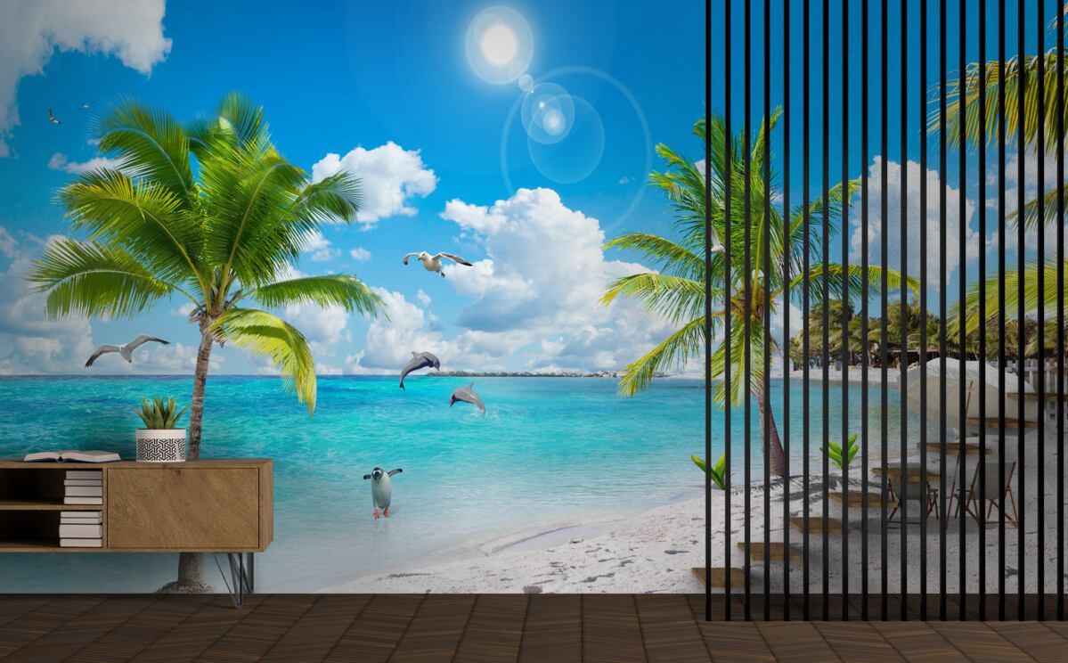 Fotobehang strand met zand en palmbomen