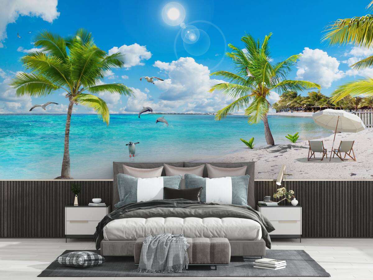 Fotobehang strand met zand en palmbomen