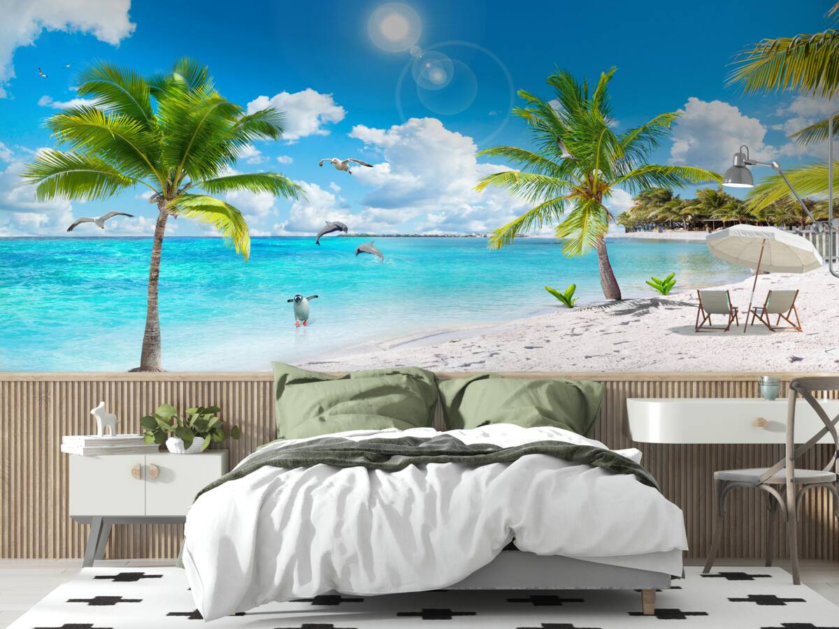 Fotobehang strand met zand en palmbomen