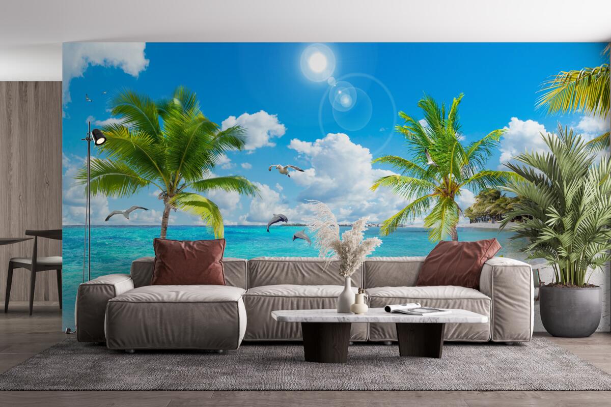 Fotobehang strand met zand en palmbomen