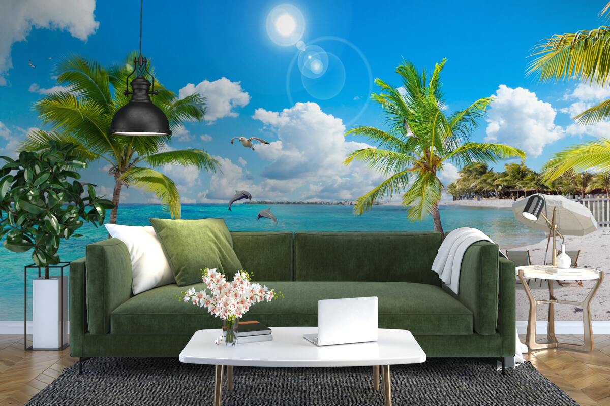 Fotobehang strand met zand en palmbomen