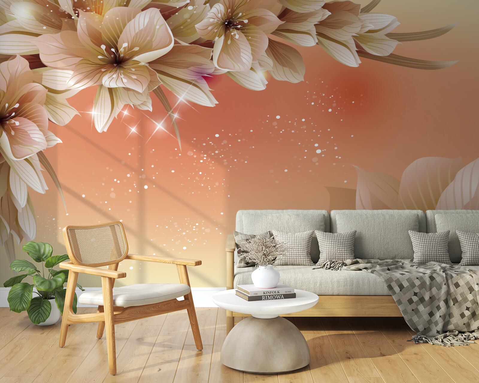 Fotobehang witte bloemen bloeiend op een tak tegen een zonsondergang achtergrond