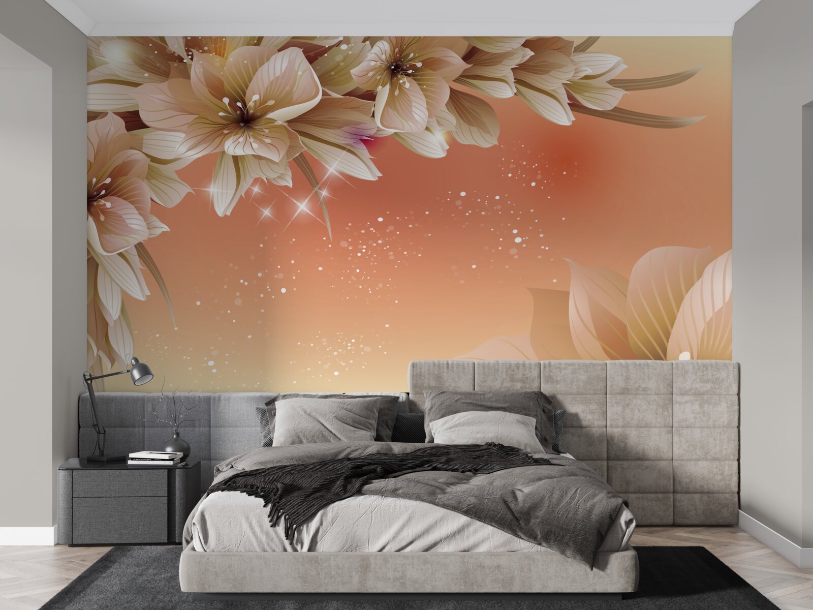 Fotobehang witte bloemen bloeiend op een tak tegen een zonsondergang achtergrond