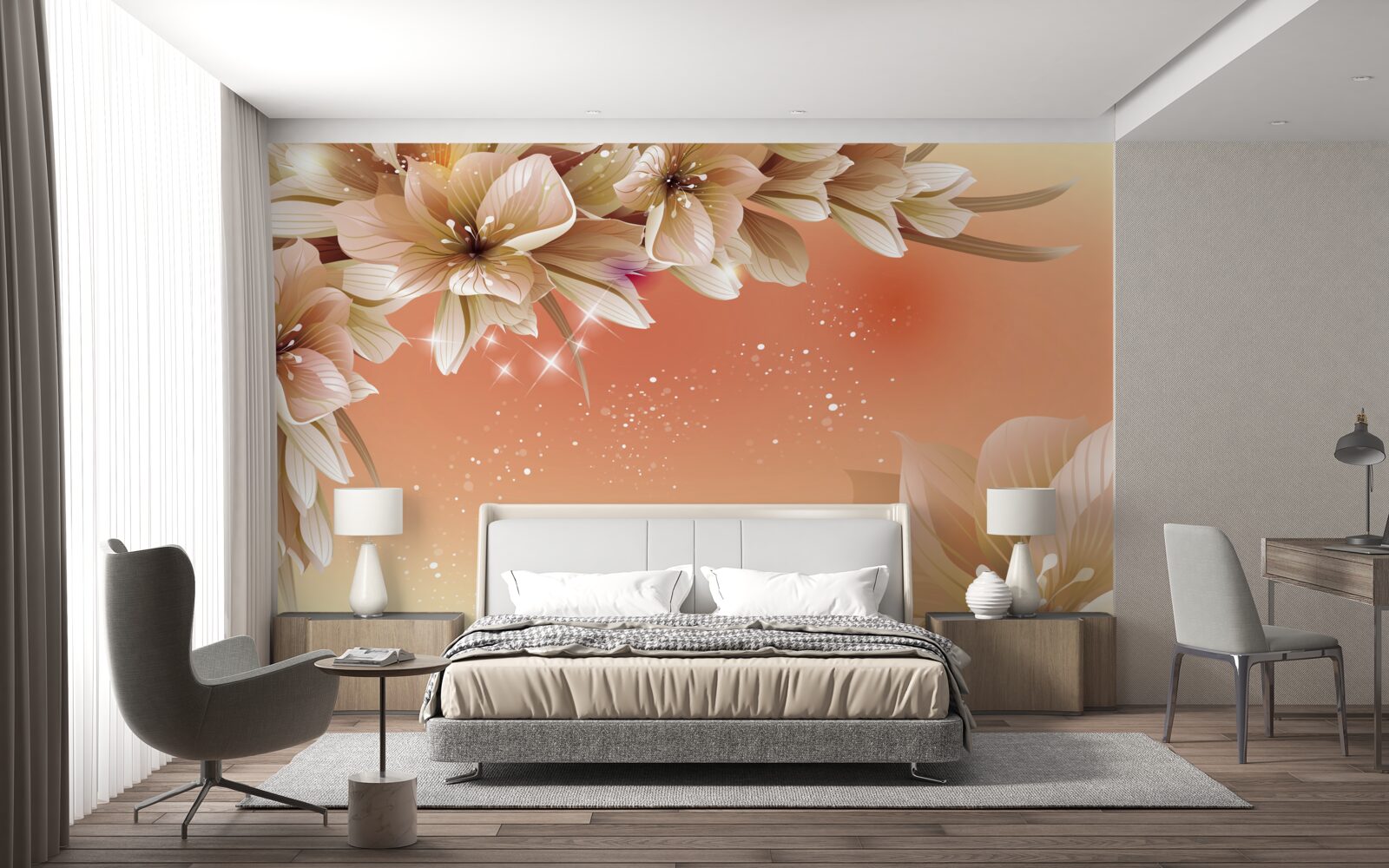 Fotobehang witte bloemen bloeiend op een tak tegen een zonsondergang achtergrond