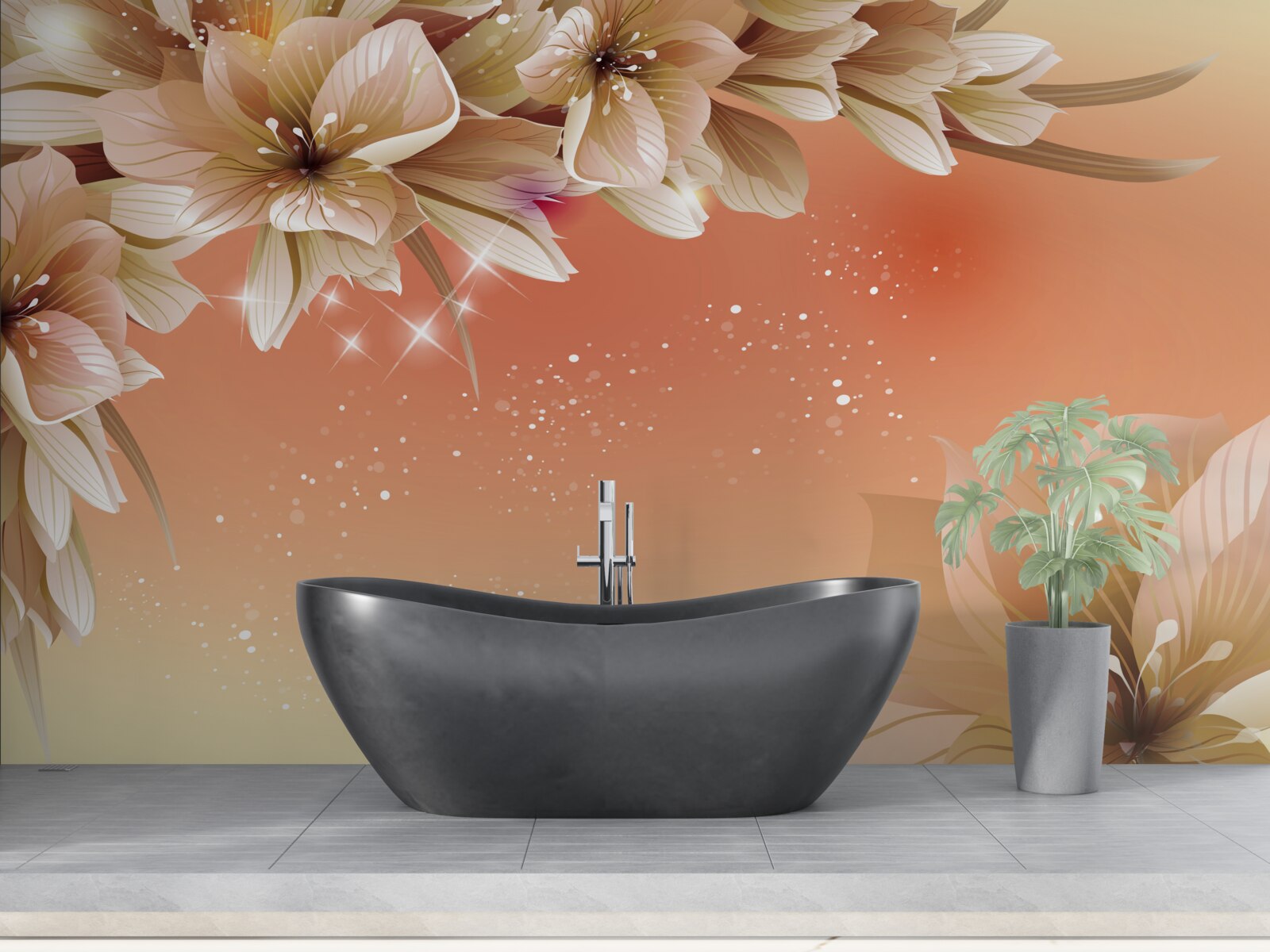 Fotobehang witte bloemen bloeiend op een tak tegen een zonsondergang achtergrond