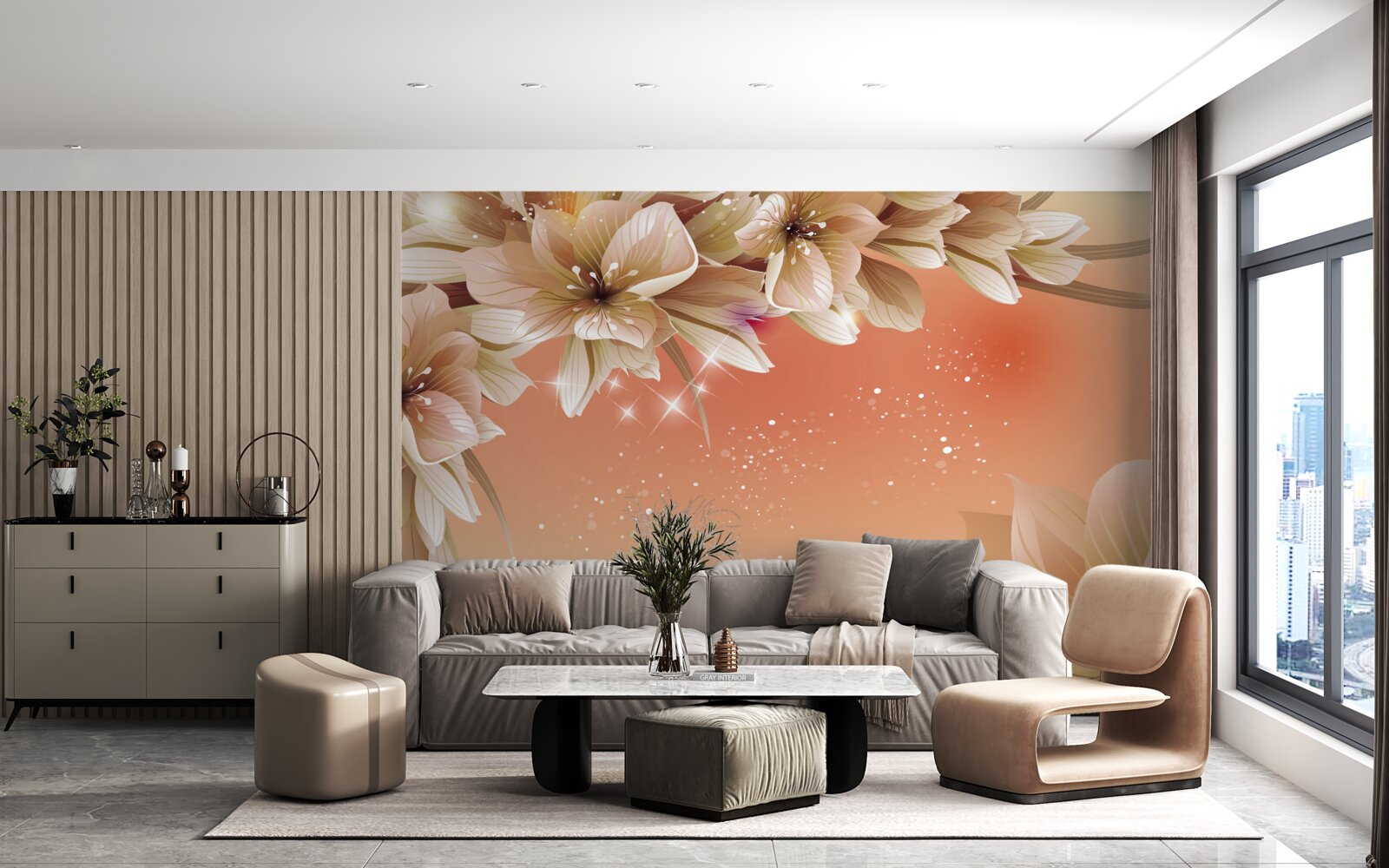 Fotobehang witte bloemen bloeiend op een tak tegen een zonsondergang achtergrond