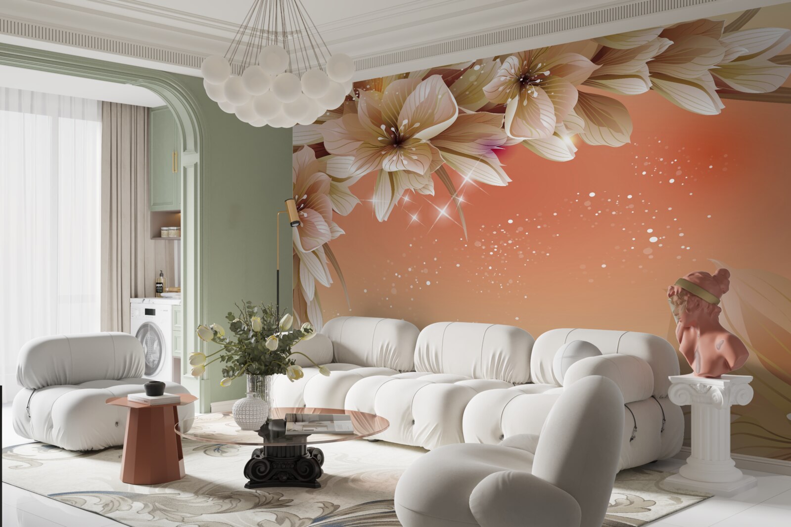 Fotobehang witte bloemen bloeiend op een tak tegen een zonsondergang achtergrond