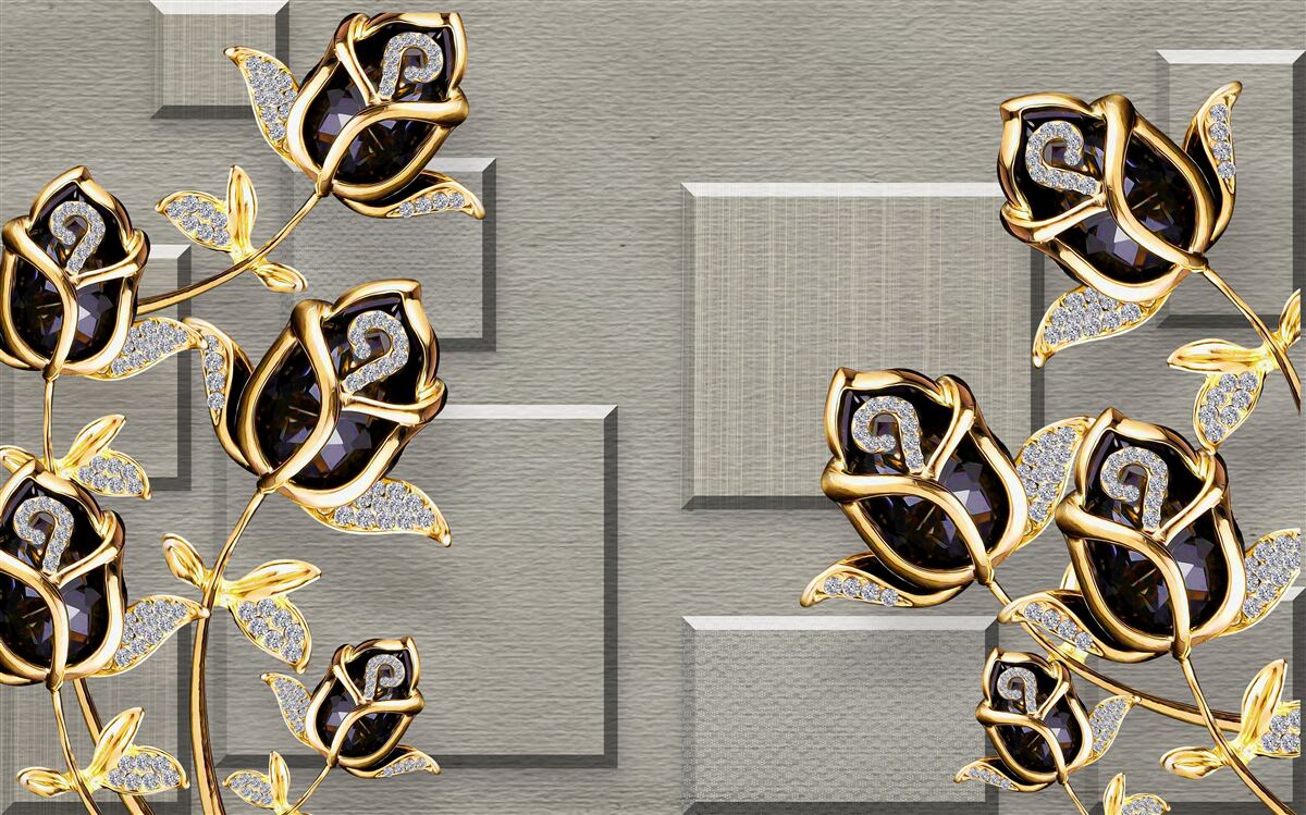 Fotobehang zwarte rozen met gouden frame