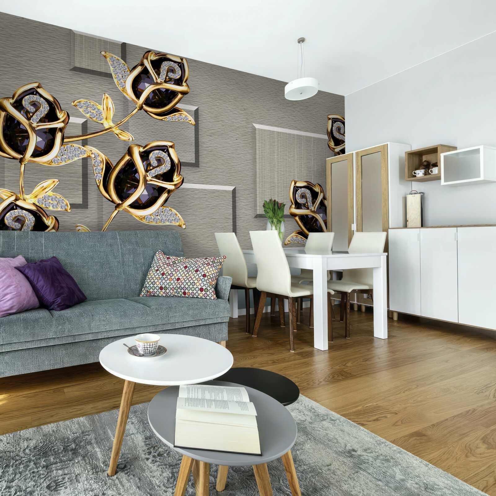 Fotobehang zwarte rozen met gouden frame