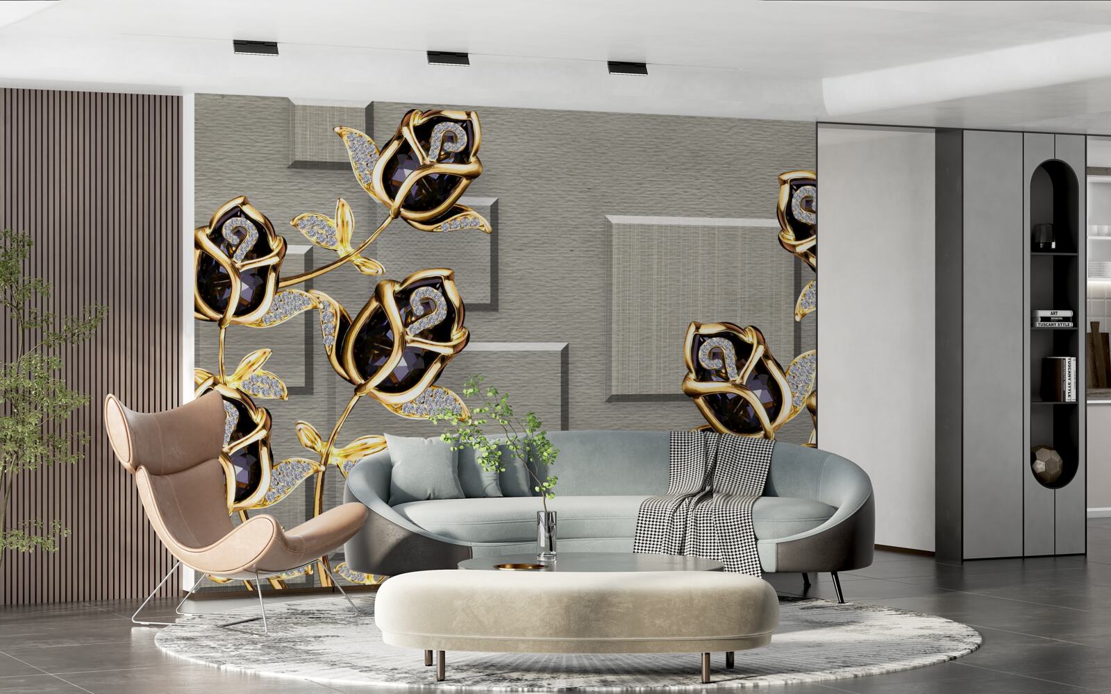 Fotobehang zwarte rozen met gouden frame