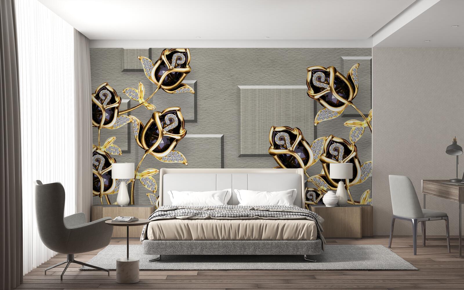 Fotobehang zwarte rozen met gouden frame