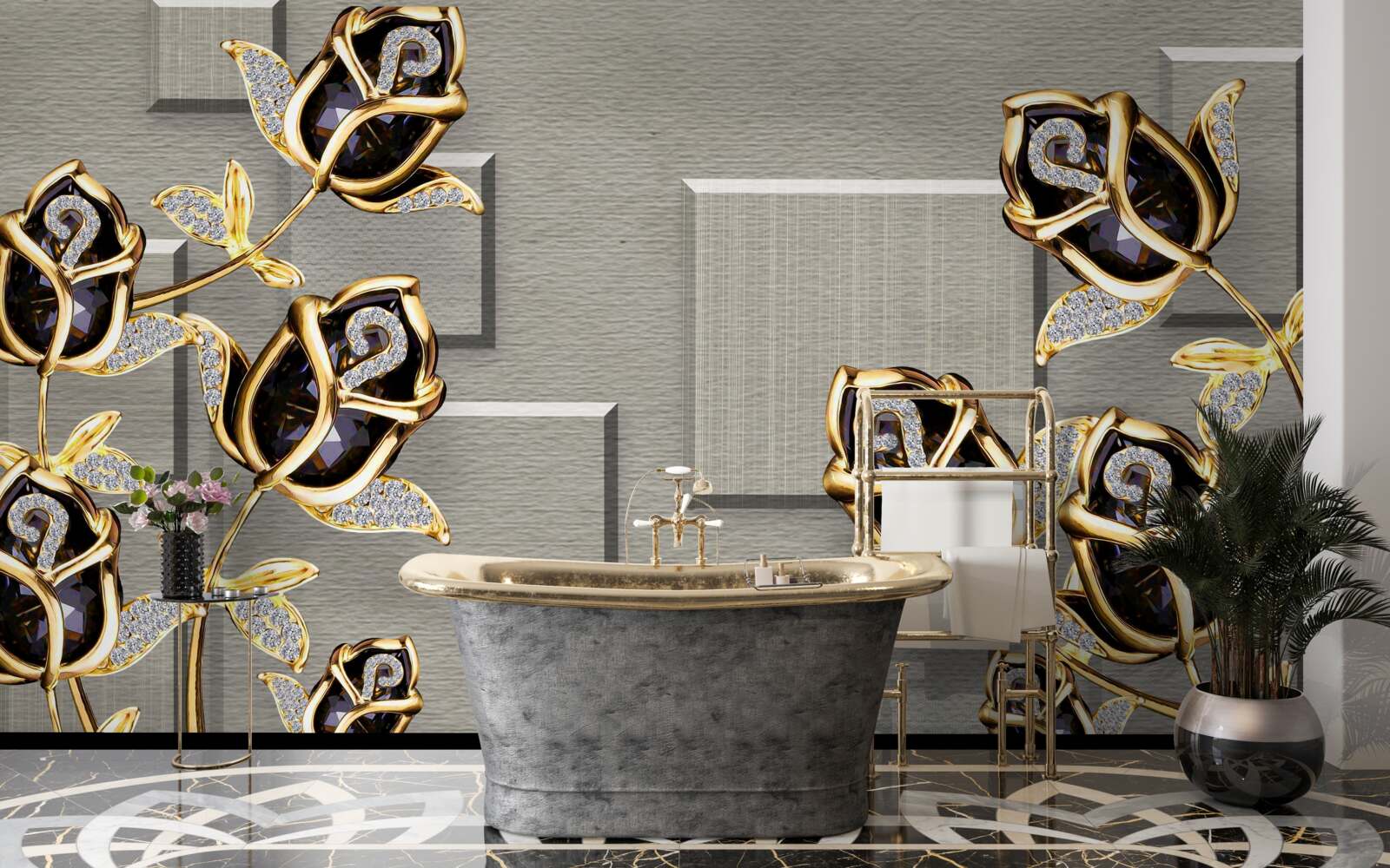 Fotobehang zwarte rozen met gouden frame