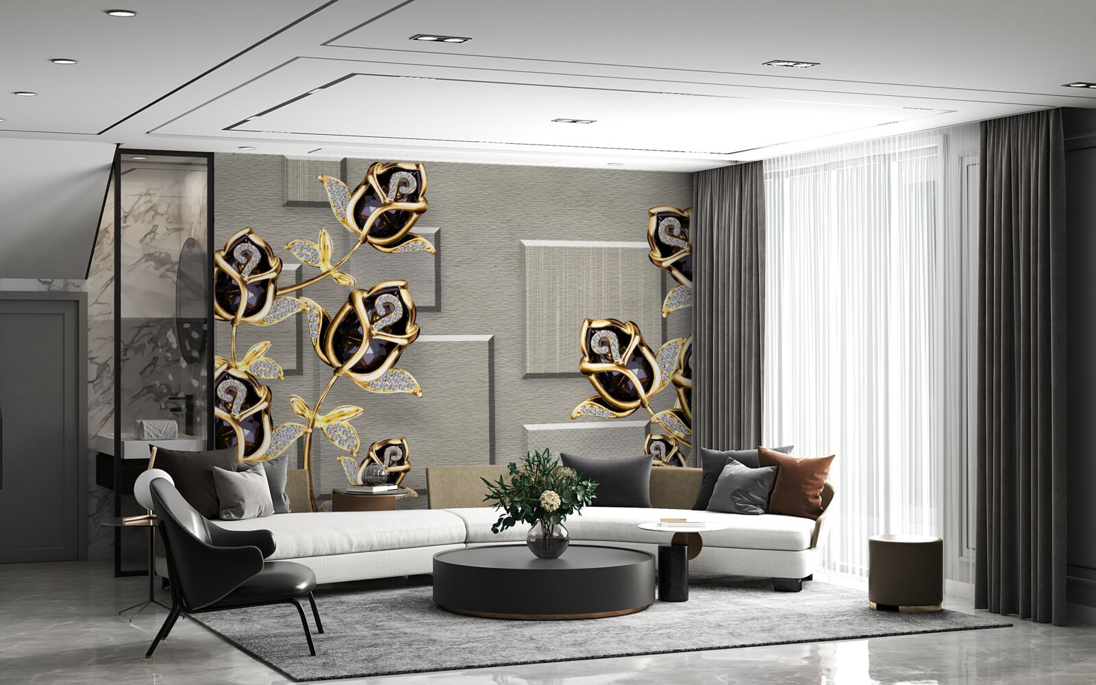 Fotobehang zwarte rozen met gouden frame