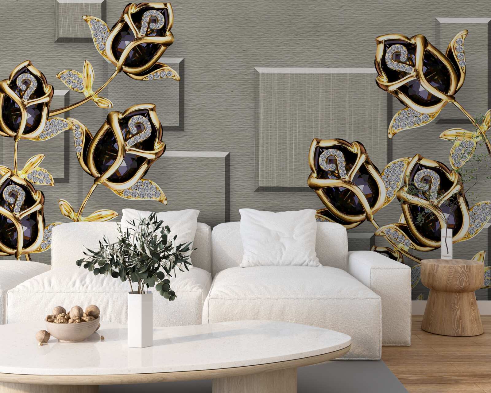 Fotobehang zwarte rozen met gouden frame