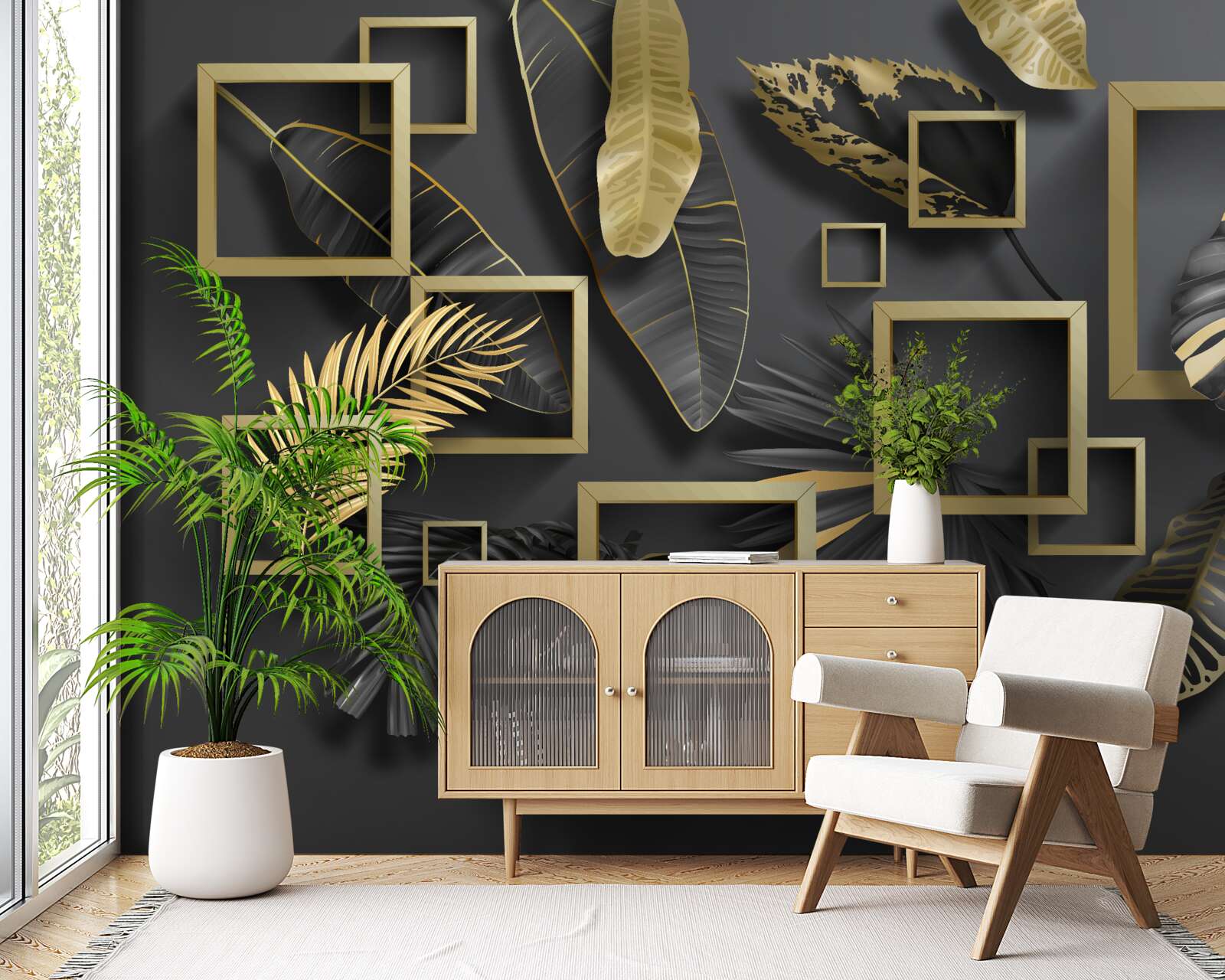 Fotobehang ingelijst in zwarte en gouden veren