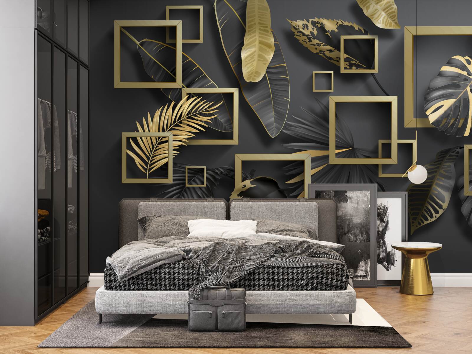 Fotobehang ingelijst in zwarte en gouden veren