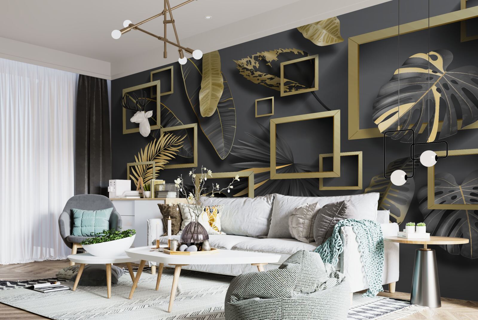 Fotobehang ingelijst in zwarte en gouden veren