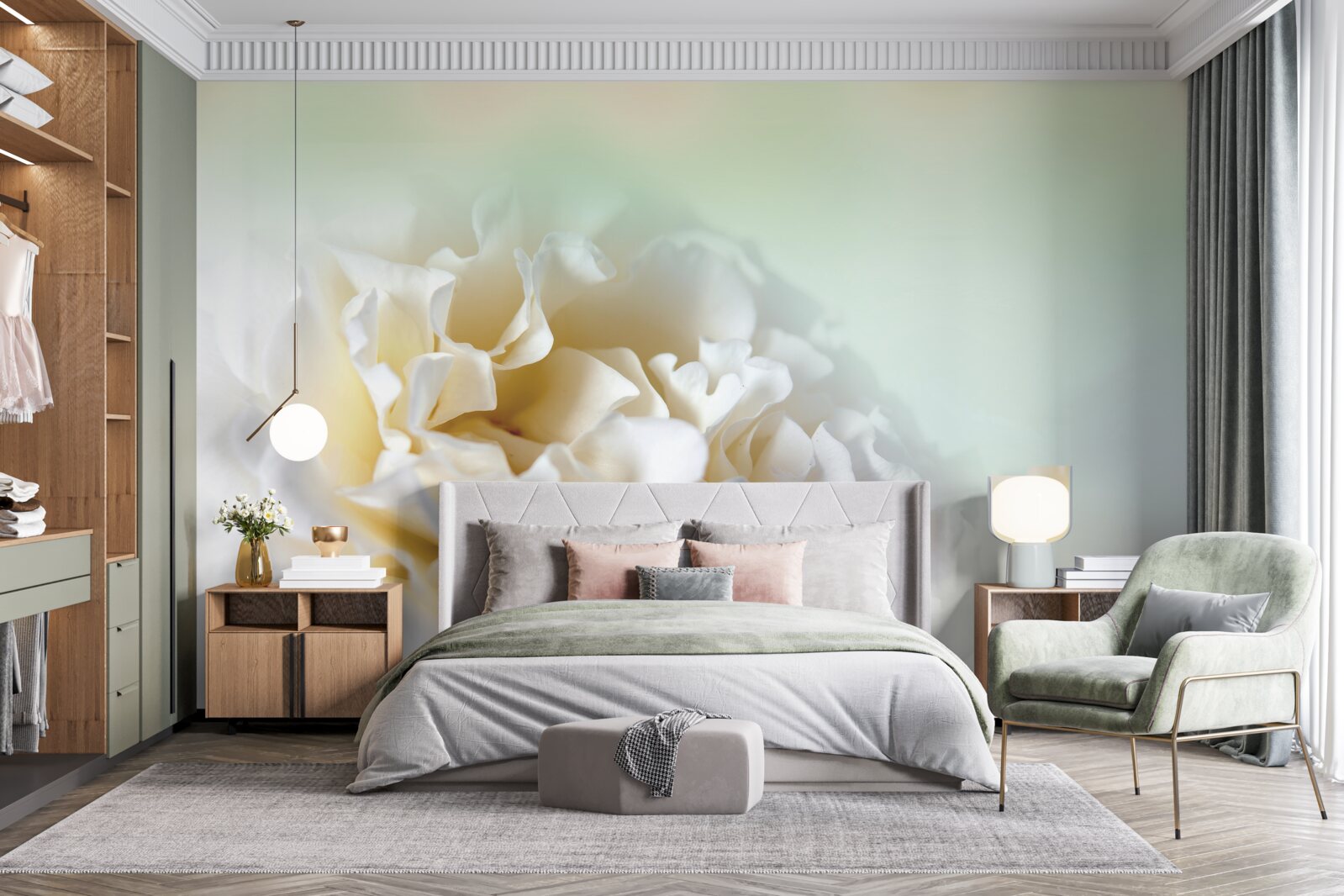 Fotobehang achtergrond van pioenen in romige en pluizige tinten