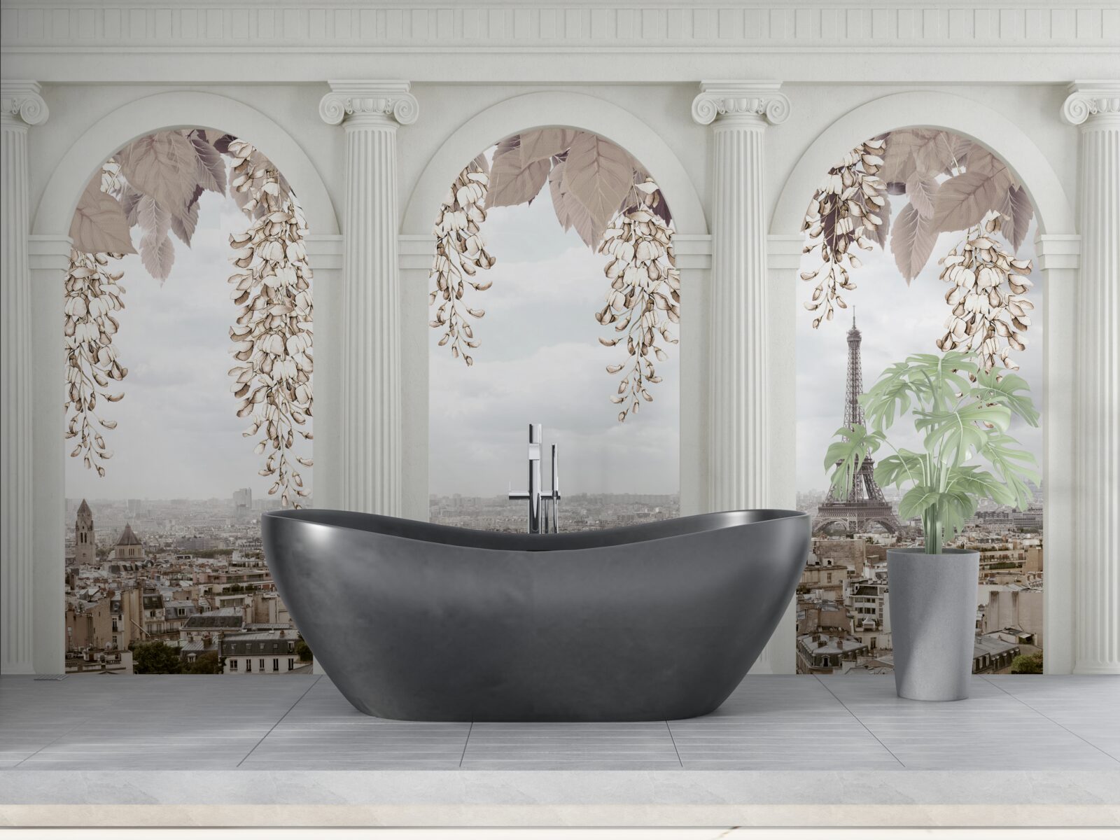 Fotobehang bloemenbogen met adembenemend uitzicht op parijs