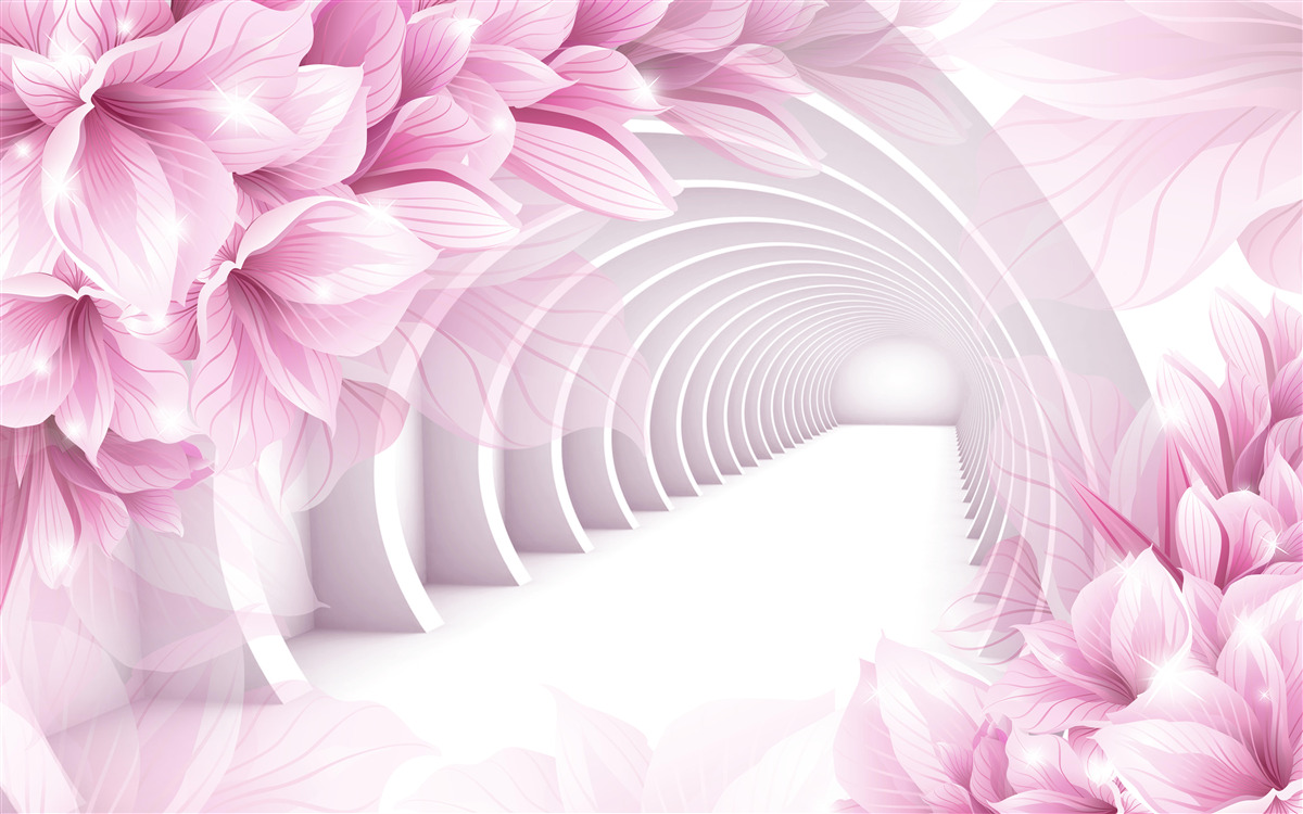 Fotobehang roze bloemen en abstracte tunnel