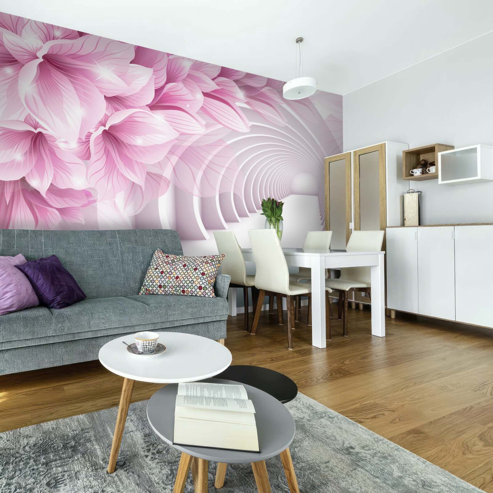 Fotobehang roze bloemen en abstracte tunnel