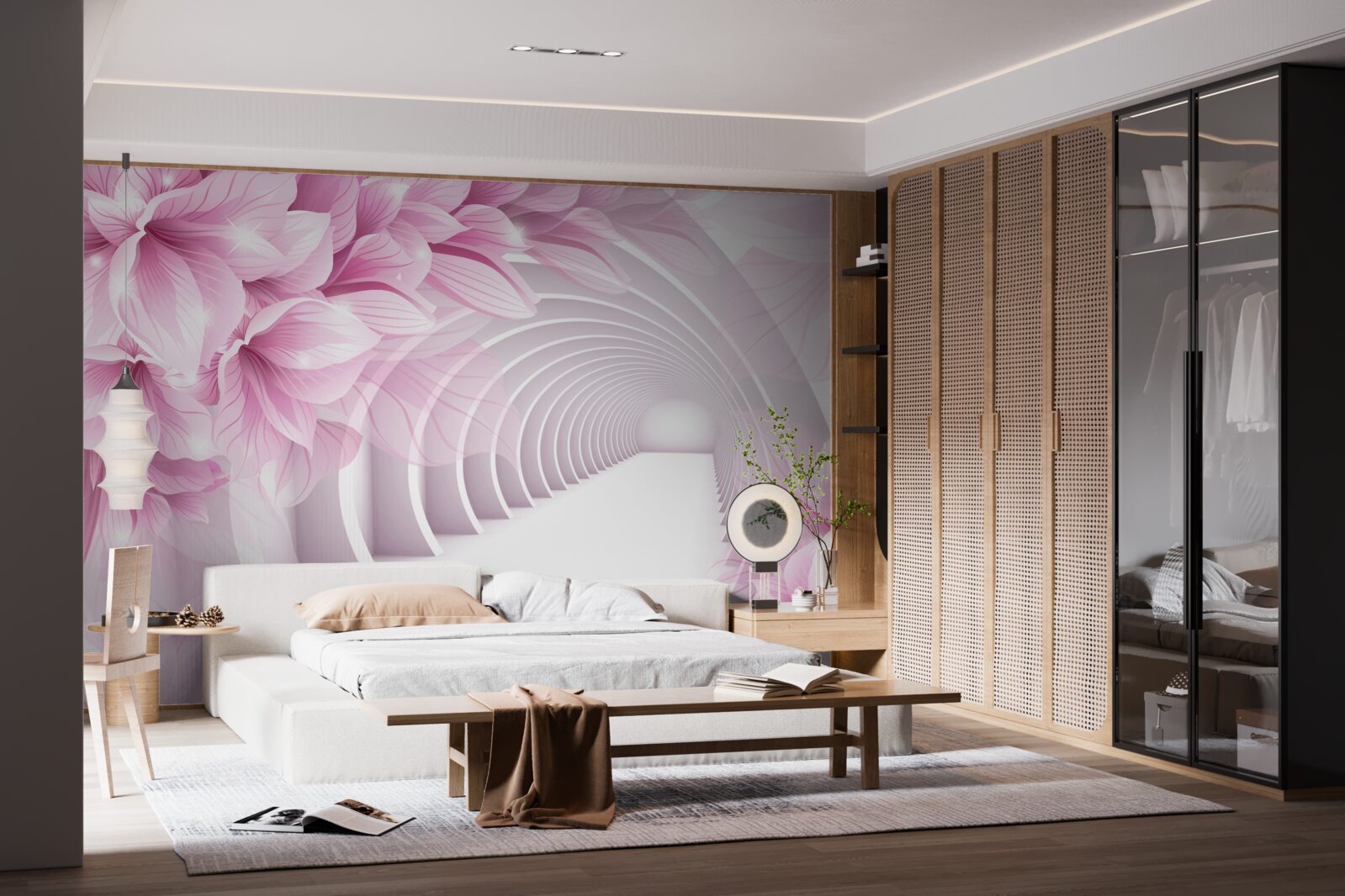 Fotobehang roze bloemen en abstracte tunnel