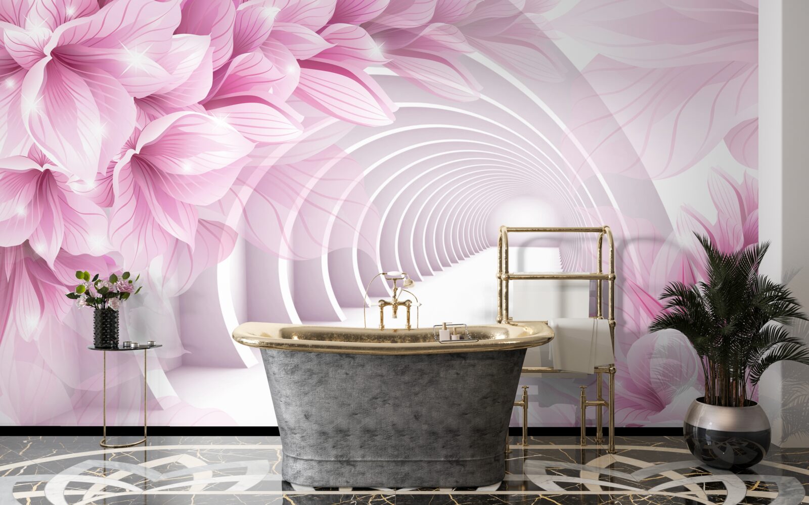 Fotobehang roze bloemen en abstracte tunnel