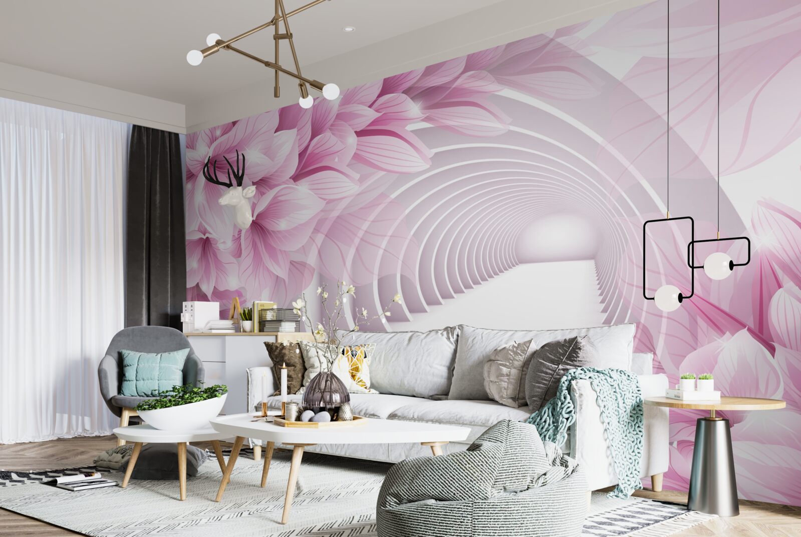 Fotobehang roze bloemen en abstracte tunnel