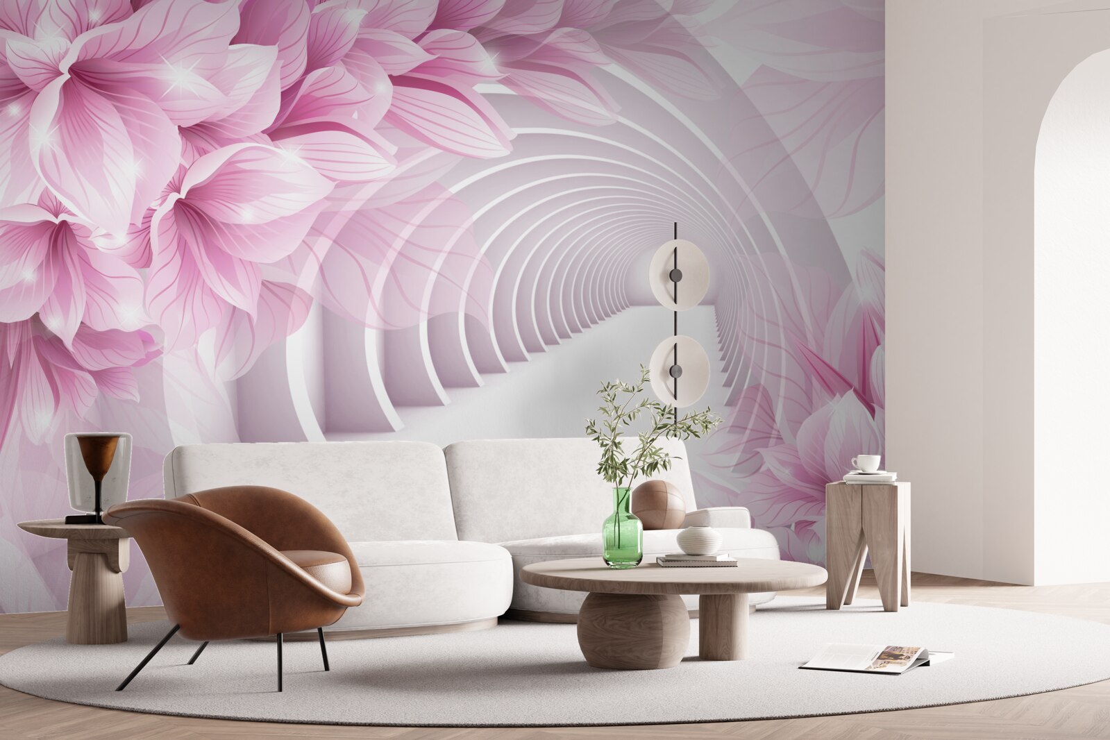 Fotobehang roze bloemen en abstracte tunnel