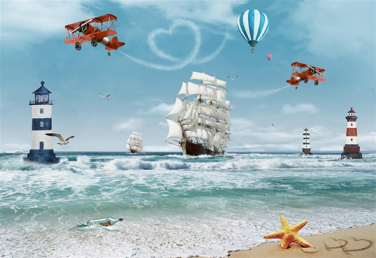 Fotobehang vliegtuigen en vuurtorens op de achtergrond, waartegen de brigantijn afsteekt