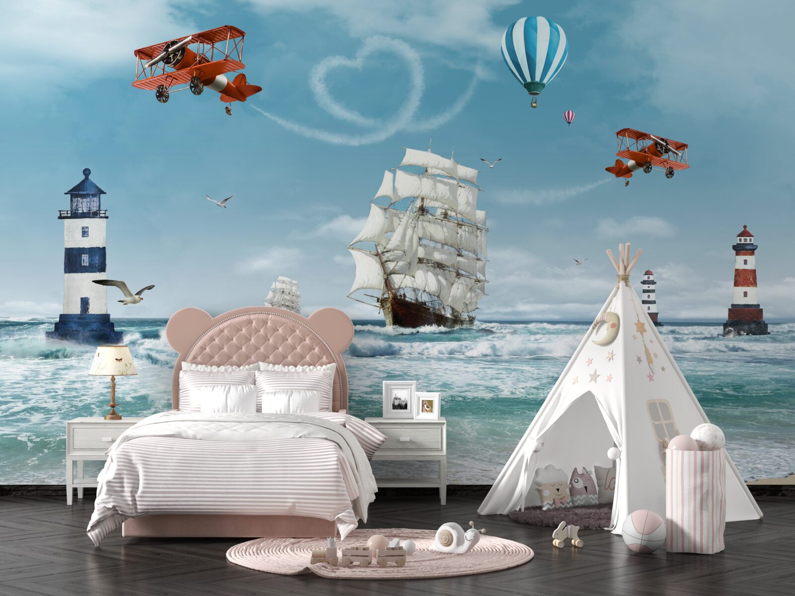 Fotobehang vliegtuigen en vuurtorens op de achtergrond, waartegen de brigantijn afsteekt