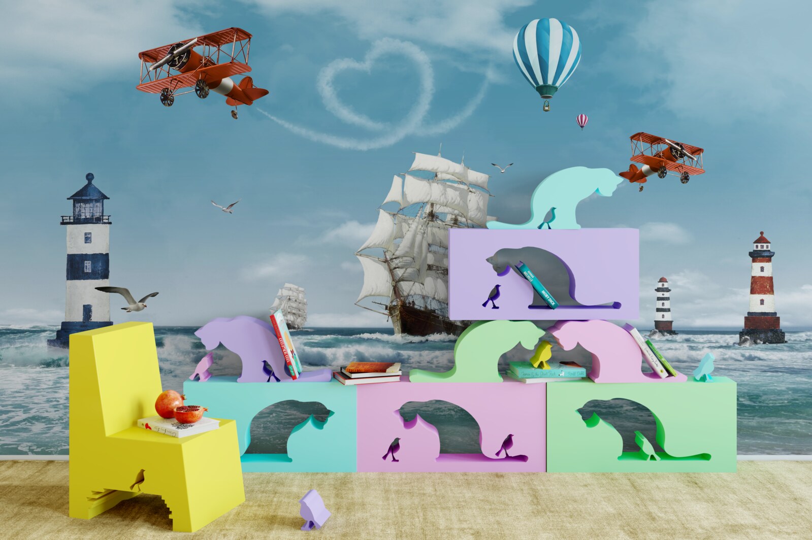 Fotobehang vliegtuigen en vuurtorens op de achtergrond, waartegen de brigantijn afsteekt