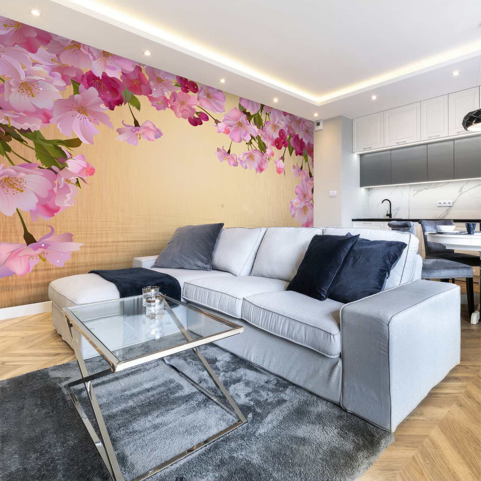 Fotobehang water onder weelderige roze bloemen