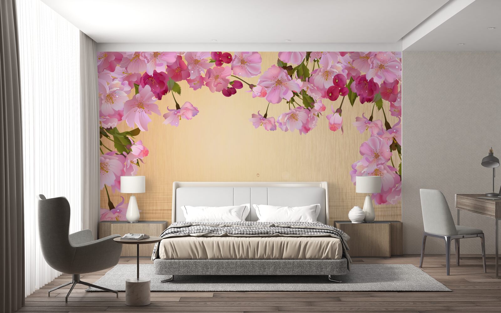 Fotobehang water onder weelderige roze bloemen